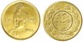 Iran
Ahmad Shah, 1909-1925
1/2 Toman AH 1334 = 1914. Mit interessantem Stempelfehler in der Jahreszahl, zu lesen wie 13214. 1,44 g. 900/1000. vorzüg...