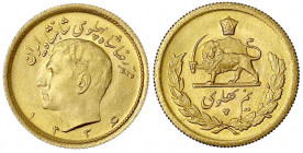 Iran
Mohammed Reza Pahlavi, 1941-1979
1/2 Pahlavi SH 1334 = 1955. 4,07 g. 900/1000. Interessante Lichtenrader Prägung. fast Stempelglanz, seltenes J...