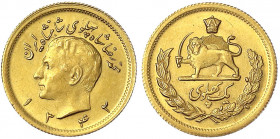Iran
Mohammed Reza Pahlavi, 1941-1979
Pahlavi SH 1342 = 1963. 8,14 g. 900/1000. Auflage nur 20 T. Ex. fast Stempelglanz. Krause/Mishler 1161.
