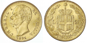 Italien- Königreich
Umberto I., 1878-1900
20 Lire 1891 R. Jahreszahl im Stempel geändert/doppelt geschnitten, 6,45 g. 900/1000. prägefrisch/fast Ste...