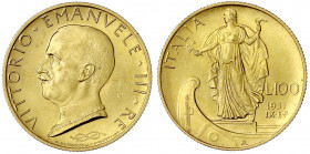 Italien- Königreich
Vittorio Emanuele III., 1900-1945
100 Lire 1931 Jahr IX. Italia am Bug einer Galeere. 8,8 g. 900/1000. fast Stempelglanz. Schön ...