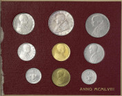 Italien-Kirchenstaat
Pius XII., 1939-1958
Kursmünzensatz 1958. 9 Münzen inkl. 100 Lire Gold, (5,19 g. 900/1000). prägefrisch, Blister beklebt. Fried...