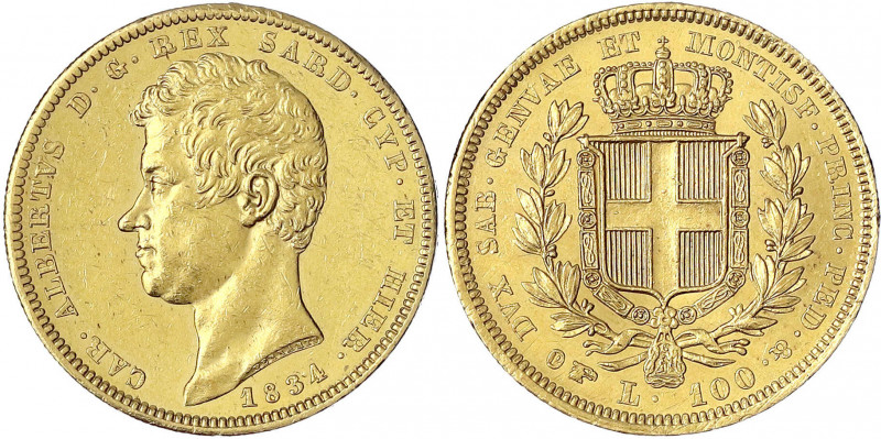 Italien-Sardinien
Carl Albert, 1831-1849
100 Lire 1834 P, Adlerkopf, Turin 32,...