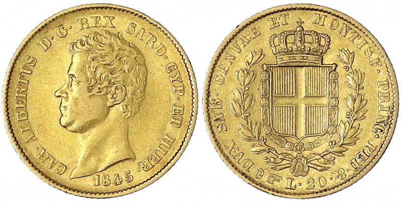 Italien-Sardinien
Carl Albert, 1831-1849
20 Lire 1845 P, Adlerkopf. 6,45 g. 90...
