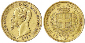 Italien-Sardinien
Victor Emanuel II., 1849-1878
20 Lire 1858 P, Anker. 6,45 g. 900/1000. sehr schön. Krause/Mishler 146.2. Friedberg 1147.
