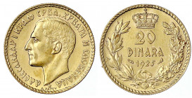Jugoslawien
Alexander I., 1921-1934
20 Dinara 1925. 6,45 g. 900/1000. vorzüglich/Stempelglanz. Krause/Mishler 7.