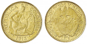 Kolumbien
Republik, seit 1820
2 1/2 Pesos 1913. Bergmann. 3,98 g. 917/1000. vorzüglich, selten. Krause/Mishler 194.
