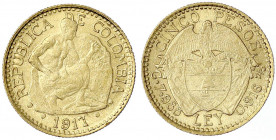 Kolumbien
Republik, seit 1820
5 Pesos 1917. Bergmann. 7,99 g. 917/1000. vorzüglich/Stempelglanz. Krause/Mishler 195.2.