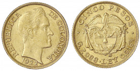 Kolumbien
Republik, seit 1820
5 Pesos 1922 B. 7,99 g. 917/1000. vorzüglich. Krause/Mishler 201.1.
