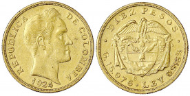 Kolumbien
Republik, seit 1820
10 Pesos 1924 B, Bogota. 15,98 g. 916/1000. gutes sehr schön, kl. Randfehler. Krause/Mishler 202.