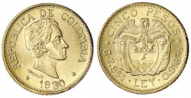 Kolumbien
Republik, seit 1820
5 Pesos 1930 B. Jahreszahl mit doppelter 0. 7,99 g. 917/1000. vorzüglich/Stempelglanz. Krause/Mishler 204.