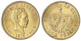 Kuba
2 Pesos 1915. Kopf n.r./Wappen. 3,34 g. 900/1000. vorzüglich/Stempelglanz. Krause/Mishler 1917. Friedberg 4.
