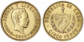 Kuba
5 Pesos 1916. Kopf n.r./Wappen. 8,36 g. 900/1000. vorzüglich/Stempelglanz. Krause/Mishler 19. Friedberg 3.