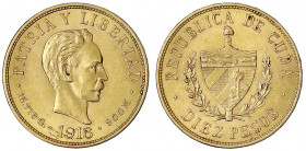 Kuba
10 Pesos 1916. Kopf n.r./Wappen. 16,72 g. 900/1000. prägefrisch. Krause/Mishler 20. Friedberg 2.