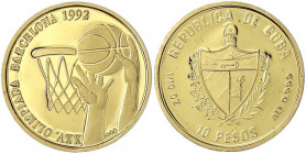 Kuba
10 Pesos 1990/1992 Oly. Barcelona/Basketball. 1/10 Unze Feingold Polierte Platte. Yeoman 342. Schön 281.