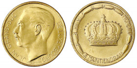 Luxemburg
Jean, seit 1964
Gedenkmünze zu (20 Francs) 1964, auf seine Krönung. 6,45 g. 900/1000. Stempelglanz. Krause/Mishler X M4c.