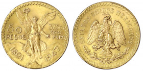 Mexiko
Republik, seit 1824
50 Pesos 1947. 41,67 g. 900/1000. vorzüglich/Stempelglanz. Krause/Mishler 481. Schön 33.