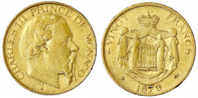 Monaco
Charles III., 1856-1889
20 Francs 1879 A, Paris. 6,45 g. 900/1000. sehr schön. Friedberg 12. Krause/Mishler 98.