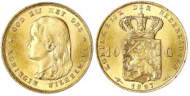 Niederlande
Wilhelmina, 1890-1948
10 Gulden 1897. Mit langem Haar. 6,72 g. 900/1000. fast Stempelglanz, Prachtexemplar. Krause/Mishler 118. Friedber...