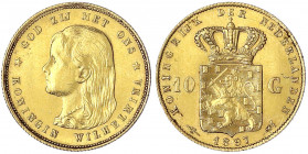 Niederlande
Wilhelmina, 1890-1948
10 Gulden 1897. Mit langem Haar. 6,72 g. 900/1000. sehr schön/vorzüglich, kl. Kratzer. Krause/Mishler 118. Friedbe...