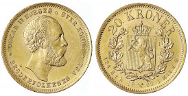 Norwegen
Oskar II., 1872-1905
20 Kronen 1902. 8,96 g. 900/1000. vorzüglich/Stempelglanz. Friedberg 17. Sieg 104.