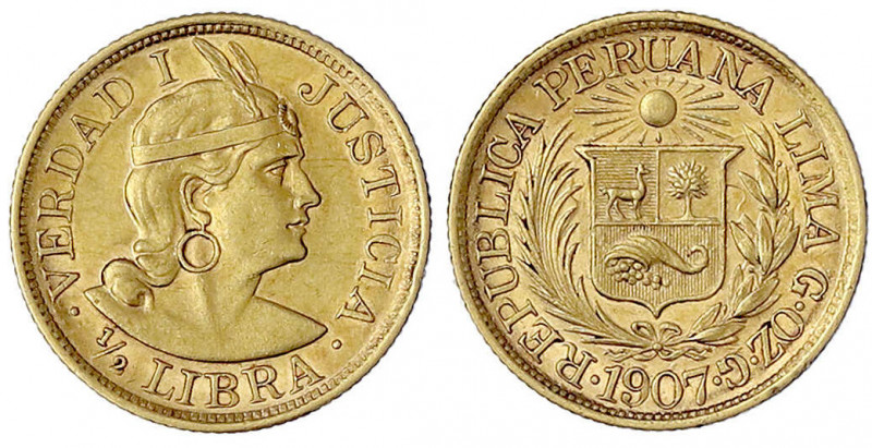 Peru
Republik, seit 1821
1/2 Libra (1/2 Pound) 1907 GOZG. 3,99 g. 917/1000. vo...