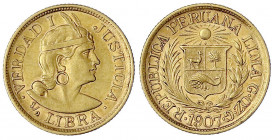 Peru
Republik, seit 1821
1/2 Libra (1/2 Pound) 1907 GOZG. 3,99 g. 917/1000. vorzüglich, kl. Randfehler. Krause/Mishler 209.