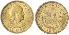 Peru
Republik, seit 1821
Libra (Pound) 1917. 7,98 g. 917/1000. fast Stempelglanz. Krause/Mishler 207.
