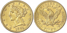 Vereinigte Staaten von Amerika
Unabhängigkeit, seit 1776
5 Dollars 1885, Philadelphia. 8,36 g. 900/1000. vorzüglich. Krause/Mishler 101. Friedberg 1...