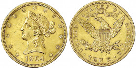 Vereinigte Staaten von Amerika
Unabhängigkeit, seit 1776
10 Dollars 1904, Philadelphia. Coronet Head. 16,72 g. 900/1000. sehr schön/vorzüglich. Krau...