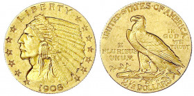 Vereinigte Staaten von Amerika
Unabhängigkeit, seit 1776
2 1/2 Dollars 1908, Philadelphia. Indian Head. 4,18 g. 900/1000. sehr schön. Krause/Mishler...