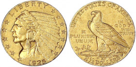 Vereinigte Staaten von Amerika
Unabhängigkeit, seit 1776
2 1/2 Dollars 1925, Philadelphia. Indian Head. 4,18 g. 900/1000. vorzüglich. Krause/Mishler...