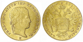 Haus Habsburg
Ferdinand I., 1835-1848
Dukat 1848 E, Karlsburg. 3,48 g. fast Stempelglanz, kl. Kratzer, selten. Herinek 54. Friedberg 481.