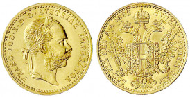 Haus Habsburg
Franz Joseph I., 1848-1916
Dukat 1882. 3,49 g. 986/1000. vorzüglich/Stempelglanz, Kratzspuren. Herinek 151. Friedberg 401.
