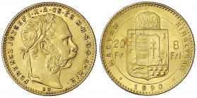 Haus Habsburg
Franz Joseph I., 1848-1916
8 Forint/20 Francs 1890 KB. Für Ungarn. 6,45 g. 900/1000. vorzüglich/Stempelglanz. Herinek 274. Friedberg 1...