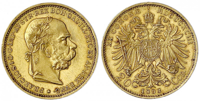 Haus Habsburg
Franz Joseph I., 1848-1916
20 Kronen 1893. 6,78 g. 900/1000. gut...