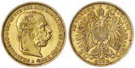 Haus Habsburg
Franz Joseph I., 1848-1916
20 Kronen 1893. 6,78 g. 900/1000. gutes vorzüglich. Herinek 329. Friedberg 421.