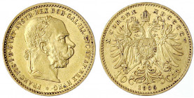 Haus Habsburg
Franz Joseph I., 1848-1916
10 Kronen 1905. 3,39 g. 900/1000. vorzüglich. Herinek 386. Friedberg 422.