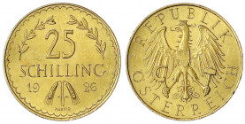 Republik Österreich
1. Republik, 1918-1938
25 Schilling 1926. 5,87 g. 900/1000. vorzüglich/Stempelglanz, winz. Randfehler. J. 436. Friedberg 521.