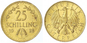 Republik Österreich
1. Republik, 1918-1938
25 Schilling 1928. 5,87 g. 900/1000. vorzüglich/Stempelglanz, winz. Randfehler. J. 436. Friedberg 521.