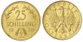 Republik Österreich
1. Republik, 1918-1938
25 Schilling 1929. 5,87 g. 900/1000. vorzüglich/Stempelglanz. J. 436. Friedberg 521.