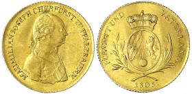 Bayern
Maximilian IV. Joseph, 1799-1806
Dukat 1805. Letzter Kurfürstlicher Dukat. 3,49 g gutes vorzüglich, selten. Hahn 434. Friedberg 263. AKS 3.