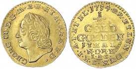 Braunschweig-Calenberg-Hannover
Georg II., 1727-1760
1/2 Goldgulden/1 Taler 1754 IAS. Kopf mit Loorbeerkranz n.l./Wertangabe. 1,64 g. vorzüglich/Ste...
