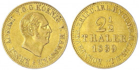 Braunschweig-Calenberg-Hannover
Ernst August, 1837-1851
2 1/2 Taler 1839. 3,26 g. sehr schön, kl. Kratzer. Jaeger 119. AKS 96.