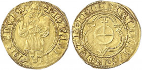 Frankfurt, königl. Mzst
Friedrich III., 1491-1493
Goldgulden o.J. St. Johannes mit dem Weinsberger Schild zw. den Füßen. 3,34 g. vorzüglich. Joseph/...