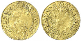 Lüneburg, Stadt
Goldgulden 1617, mit Titel Matthias. 3,14 g. schön/sehr schön, kl. Schrötlingsrisse, von größter Seltenheit Verm. das 2. bekannte Ex....