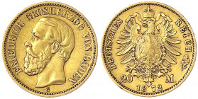 Baden
Friedrich I., 1856-1907
20 Mark 1872 G. gutes sehr schön, min. Randfehler. Jaeger 184.