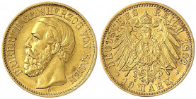 Baden
Friedrich I., 1856-1907
10 Mark 1893 G. sehr schön/vorzüglich, kl. Kratzer. Jaeger 188.