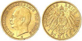 Baden
Friedrich II., 1907-1918
20 Mark 1912 G. vorzüglich/Stempelglanz, kl. Randfehler. Jaeger 192.
