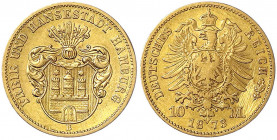 Hamburg
10 Mark 1873 B. Ohne Schildhalter, unten rund. fast sehr schön, Kratzer, selten. Jaeger 206.